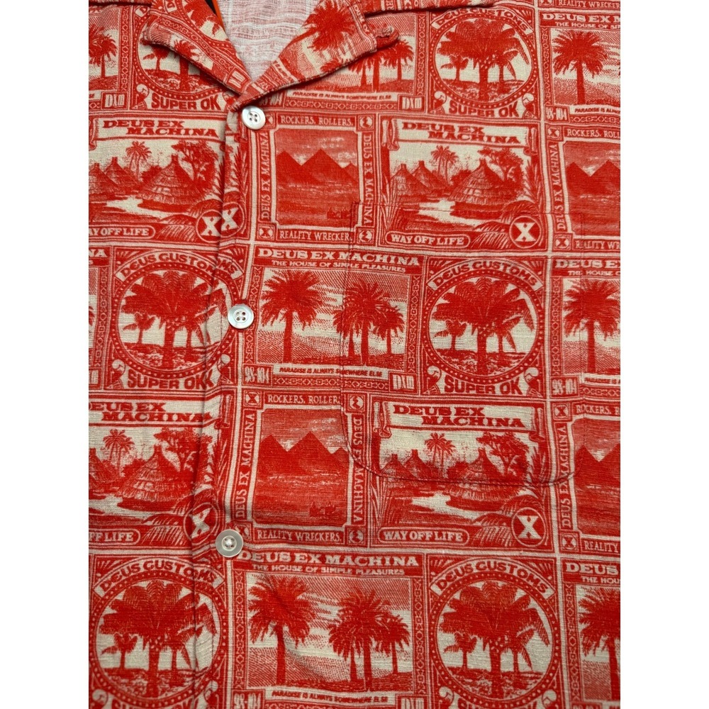 NWT Deus Ex Machina Men M Mail-Man Shirt Red Stamp Palm Print Cotton Button Up - Picture 7 of 14